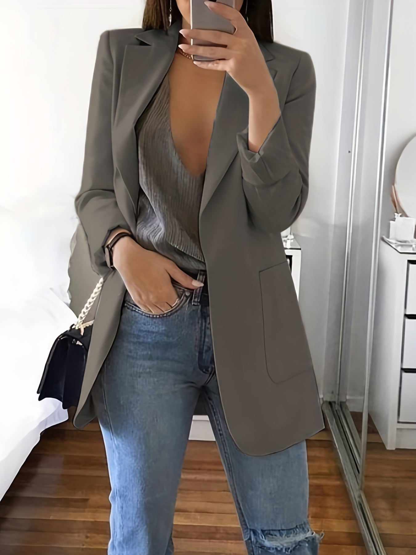  Casual Blazer Women's Solid Long Sleeve Suit Coat
