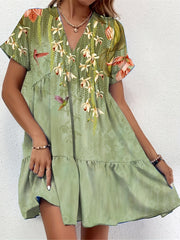  Floral Print V-Neck Ruffle Trim Dress