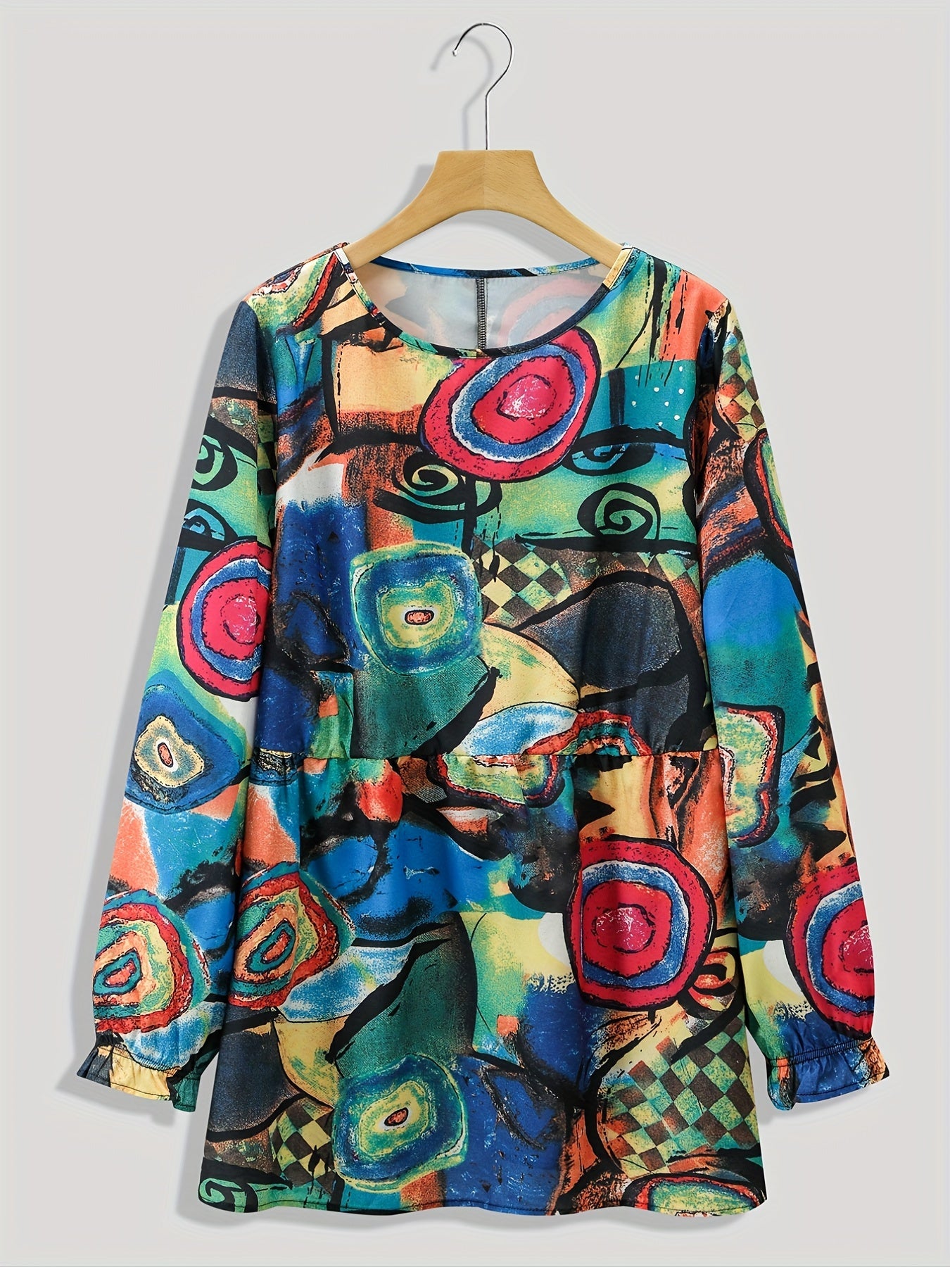  Abstract Print Long Sleeve Pleated Blouse