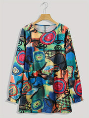  Abstract Print Long Sleeve Pleated Blouse