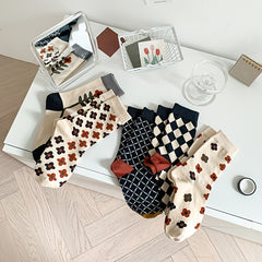 5 Pairs Floral & Plaid Print Socks Women's Mid Tube Stockings