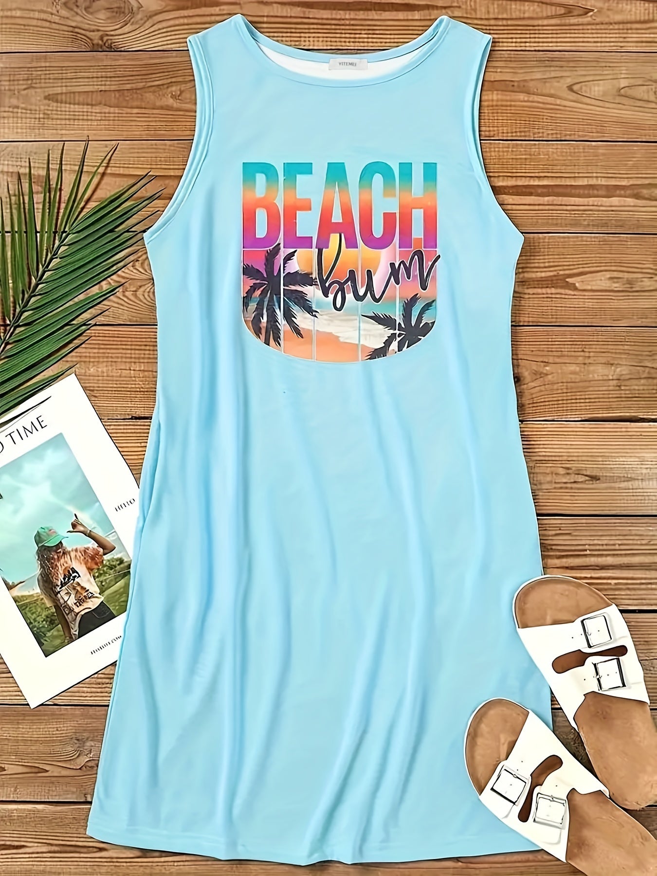 Beach Print Tank Dress With Pockets