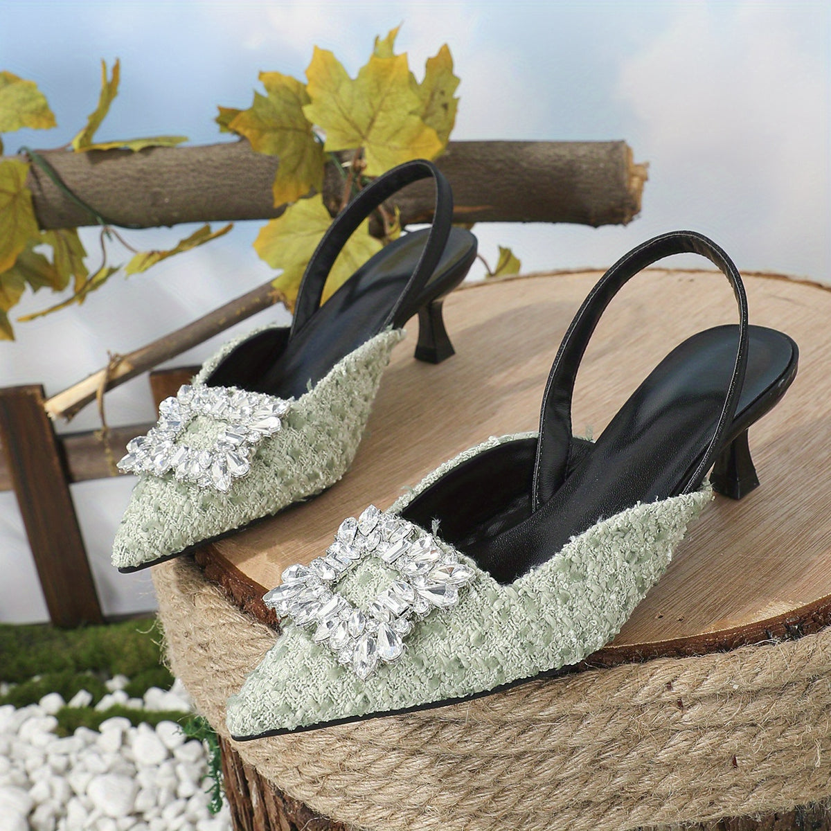 Women's Tweed Kitten Heels Rhinestone Square Buckle Slingback Sandals
