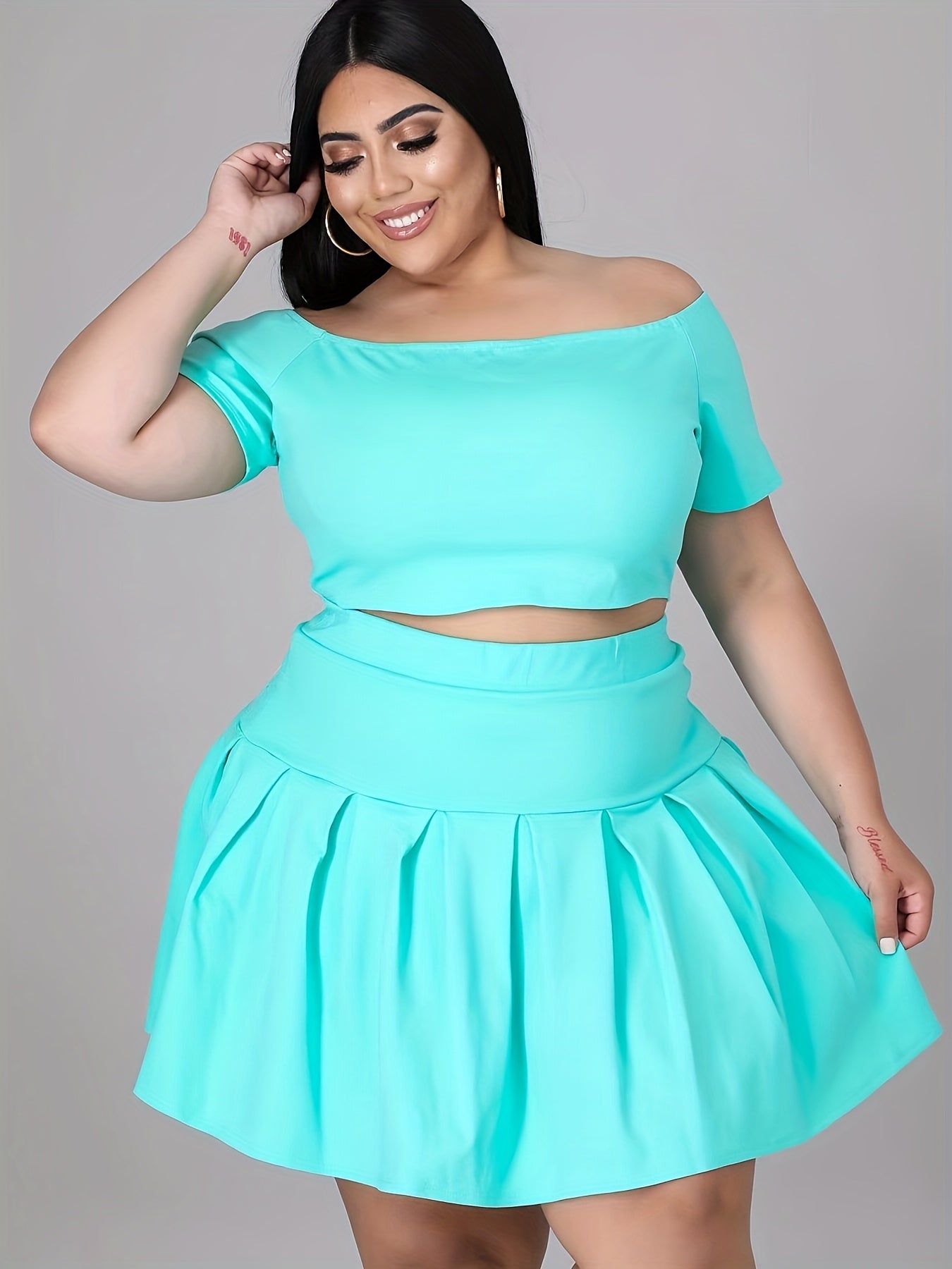  Off Shoulder Crop Top & Mini Skirts Set Women's Plus Casual 2pcs Set