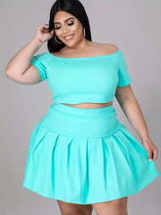  Off Shoulder Crop Top & Mini Skirts Set Women's Plus Casual 2pcs Set