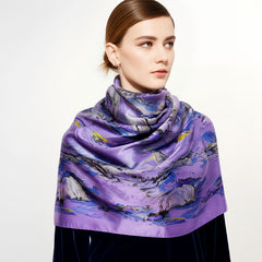 Chinese Landscape Silk Scarf 140x140cm Soft Breathable Shawl