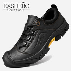 EXSHRO Men's Leather Hiking Shoes Anti-skid Sneakers