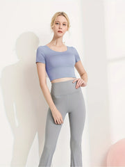 Short Sleeves Yoga Top Round Neck High Stretch Sports Tee