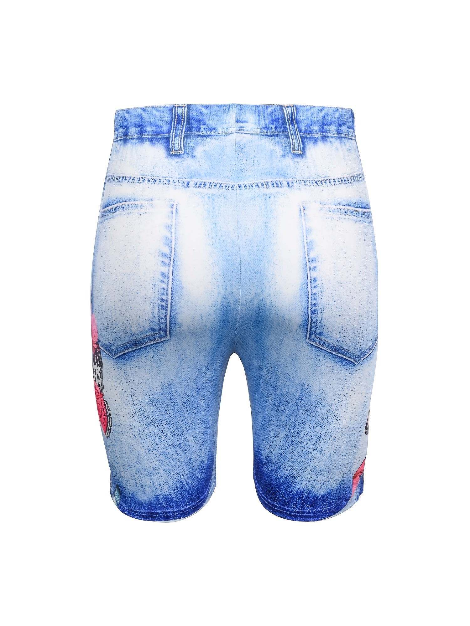  Butterfly & Denim Print Stretchy Shorts Women's Plus