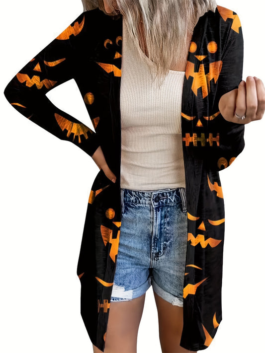  Halloween Pumpkin Face Print Cardigan