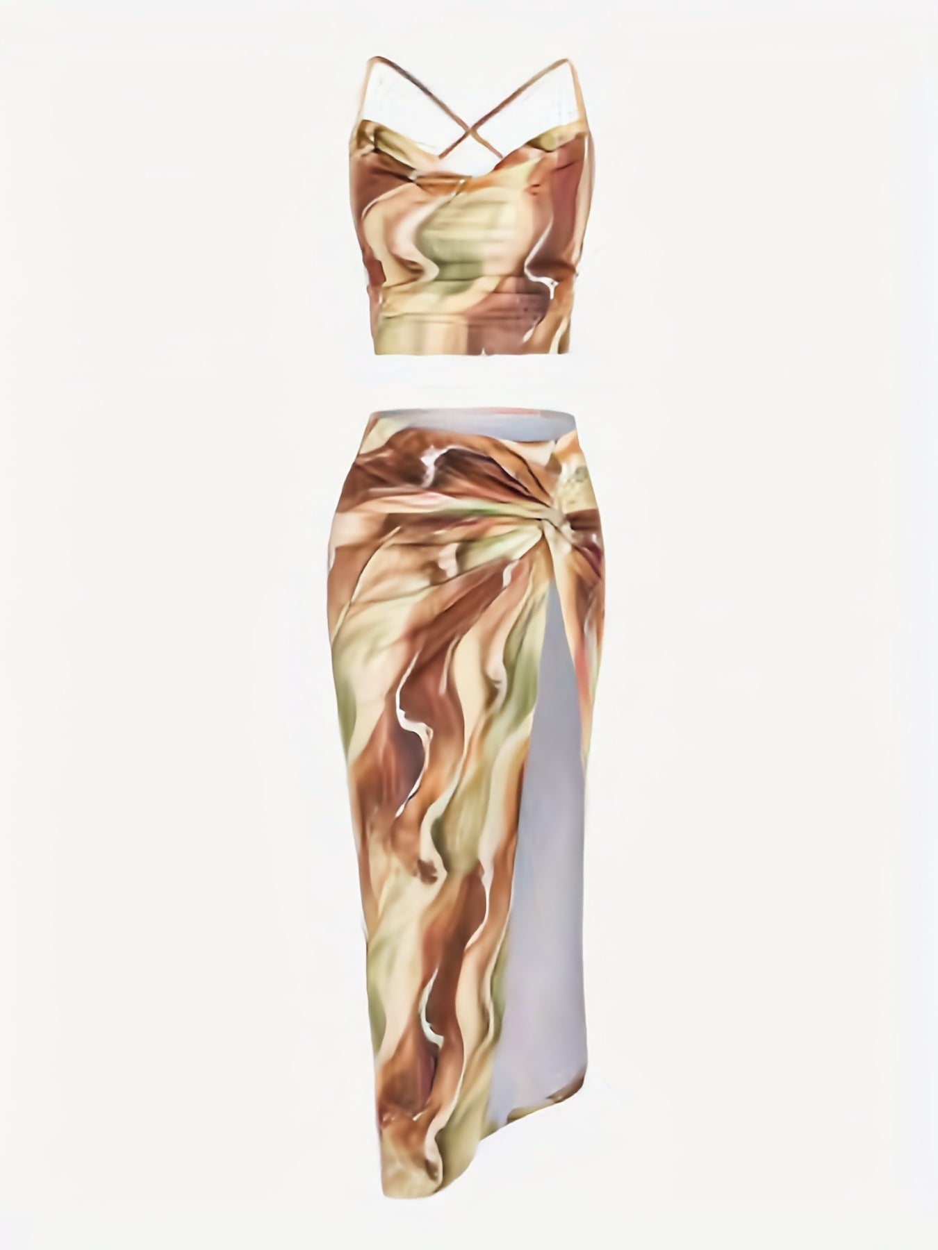 Sexy Marble Print Two piece Skirt Set Crop Cami Top & Split Skirt
