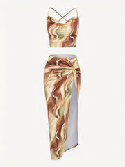 Sexy Marble Print Two piece Skirt Set Crop Cami Top & Split Skirt