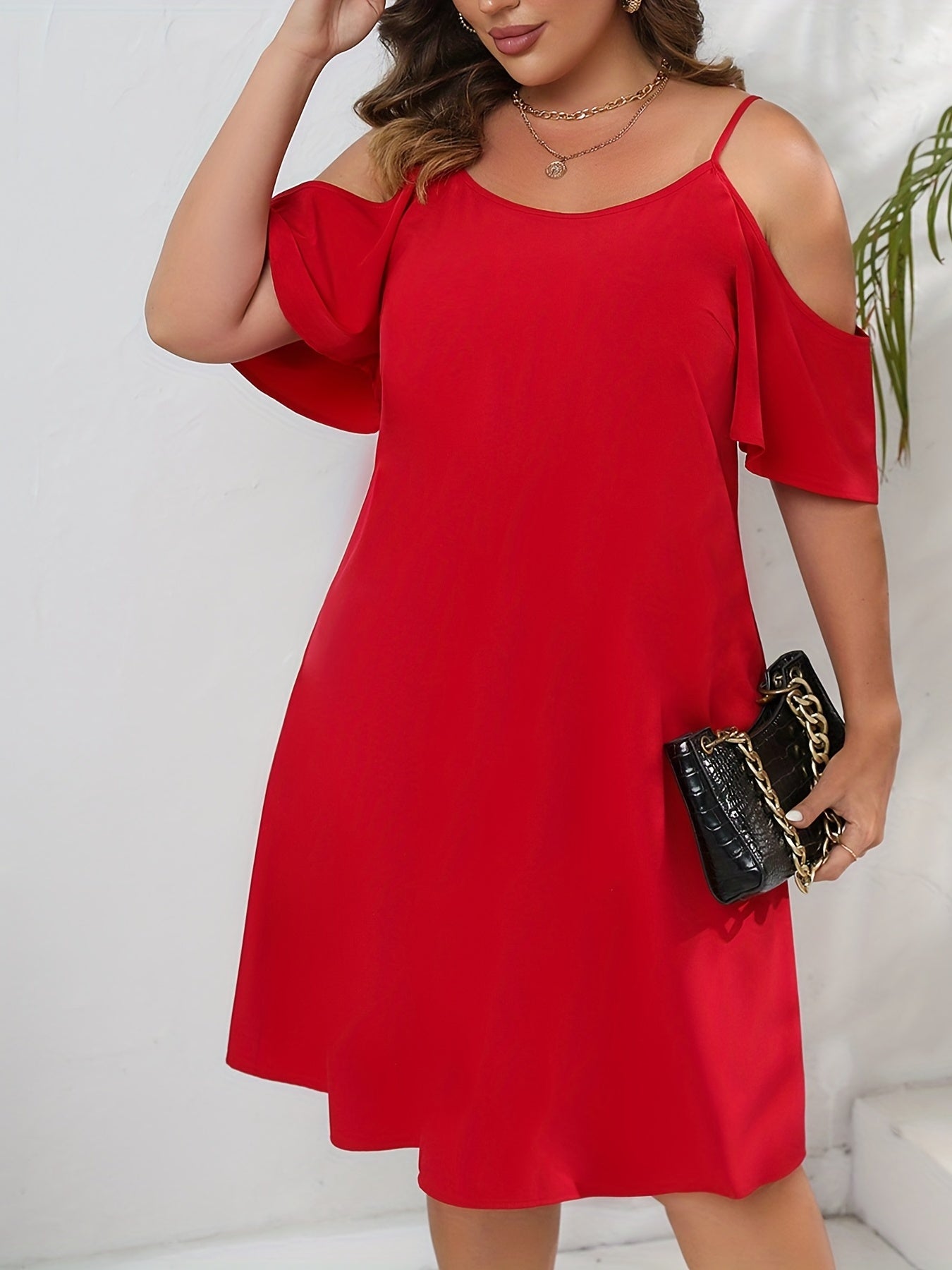  Solid Cold Shoulder Casual Dress Round Neck