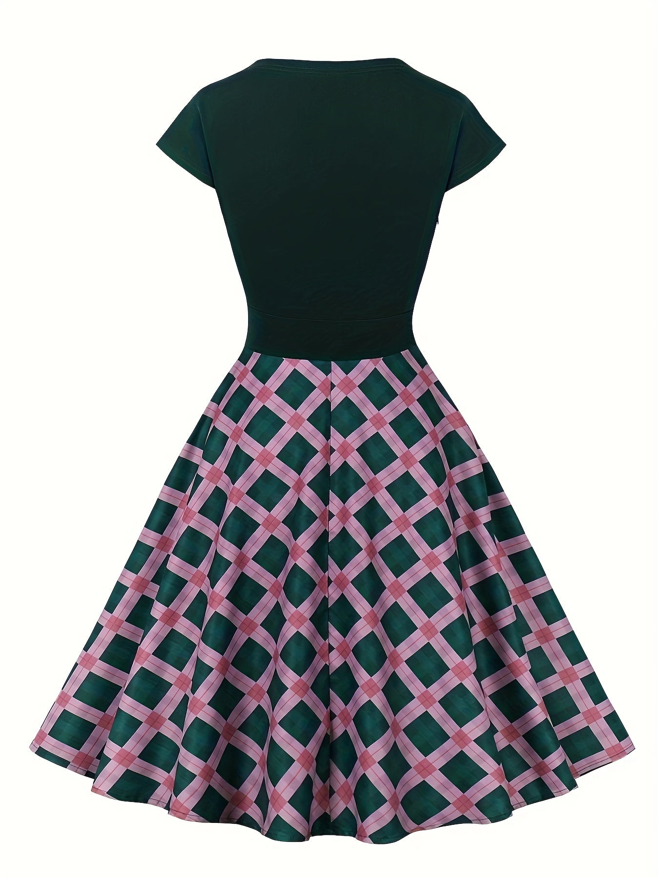  Colorblock Plaid Print Cap Sleeve Dress