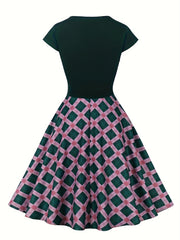  Colorblock Plaid Print Cap Sleeve Dress