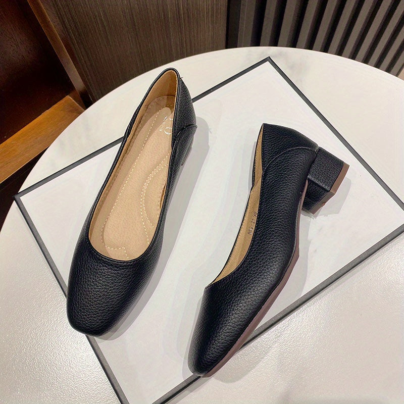 Women's Chunky Low Heels Slip On Square Toe Soft Sole Faux Leather Shoes