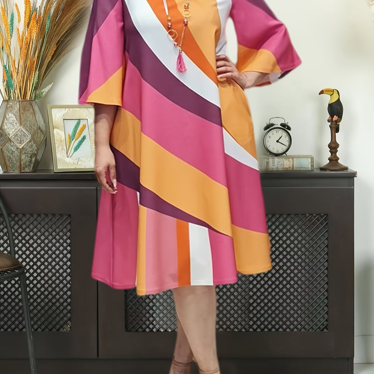  Dress Women's Plus Strip Half Sleeve Midi Dress