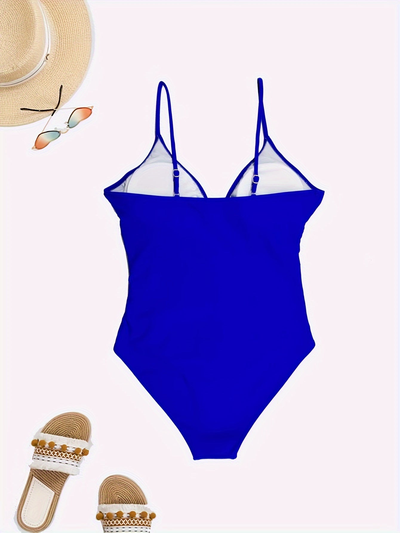  Solid Ruched V Neck One Piece Bathing Suit