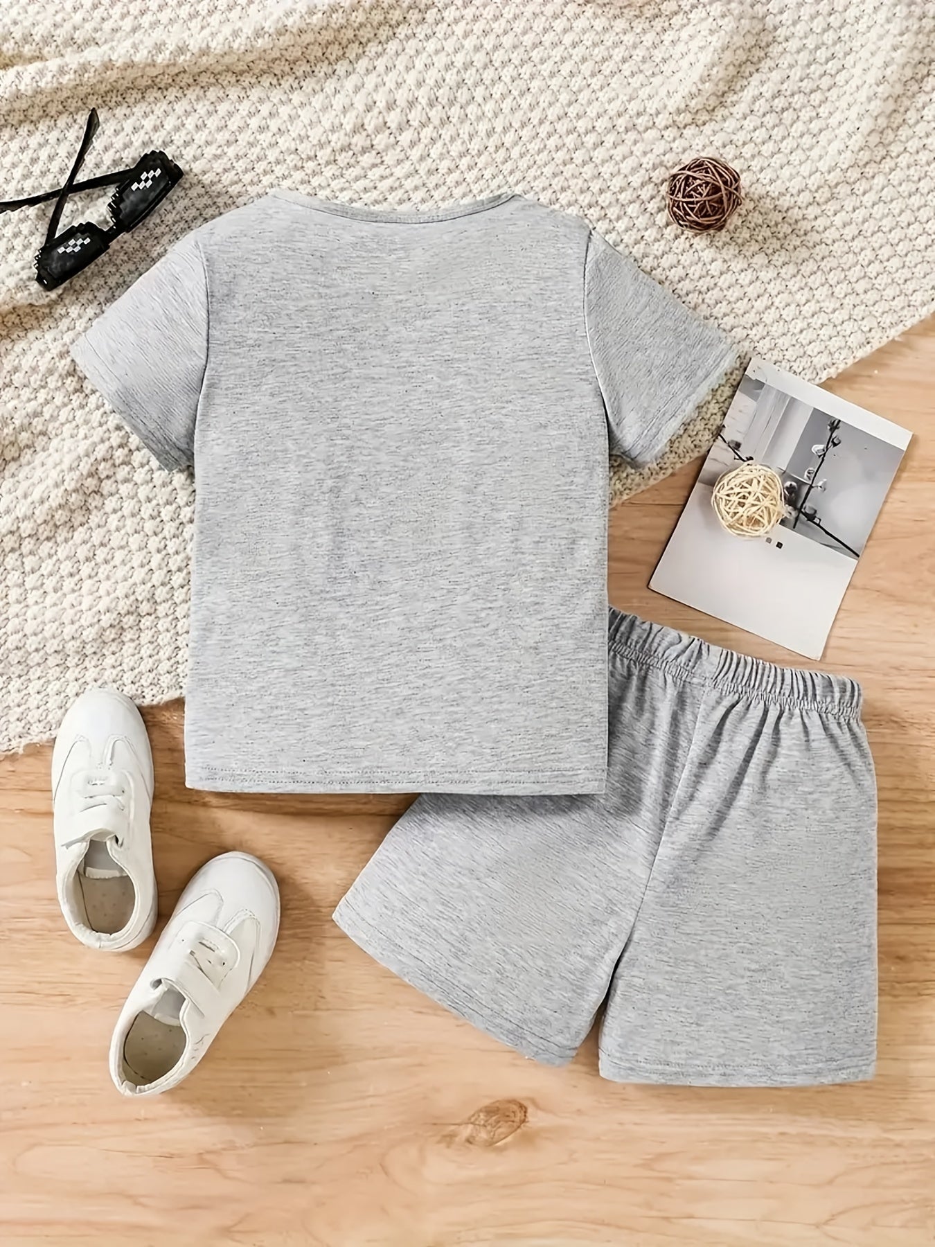 Boys Funny Face Print Casual Outfit T shirt & Shorts Kids Summer Clothes Sets