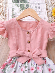 Toddler Girls Ruffle Trim Button Flowers Graphic Princess Dress