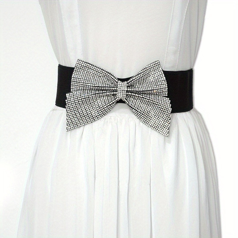 Rhinestone Bow Wide Belt Elastic Waistband Dress Girdle For Women