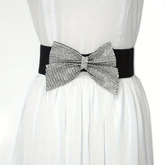 Rhinestone Bow Wide Belt Elastic Waistband Dress Girdle For Women