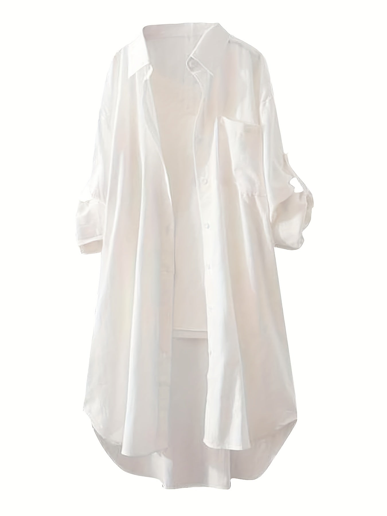 Plus Size Solid Button Up Roll Up Sleeve Blouse