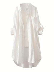 Plus Size Solid Button Up Roll Up Sleeve Blouse