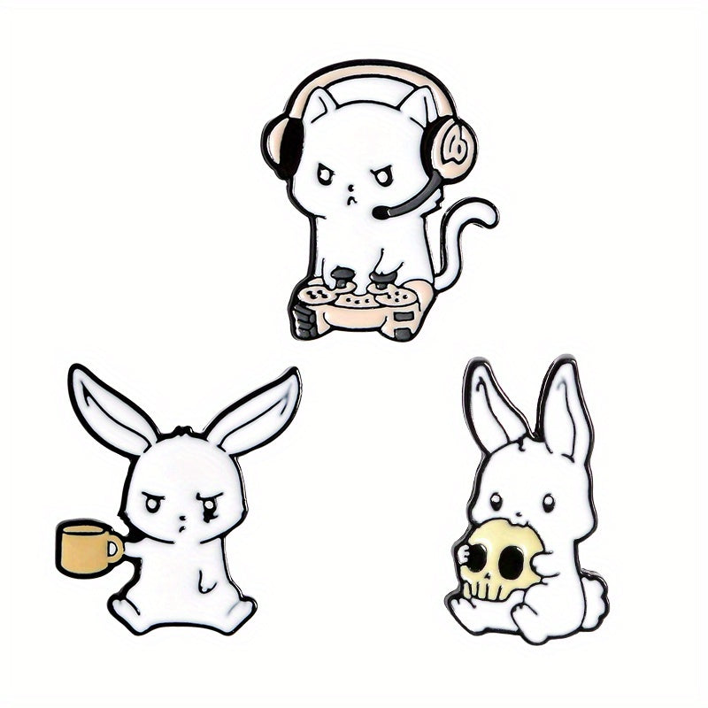 Rabbit Cat Enamel Pins Eating Skull Drink Play Games Cartoon Brooches