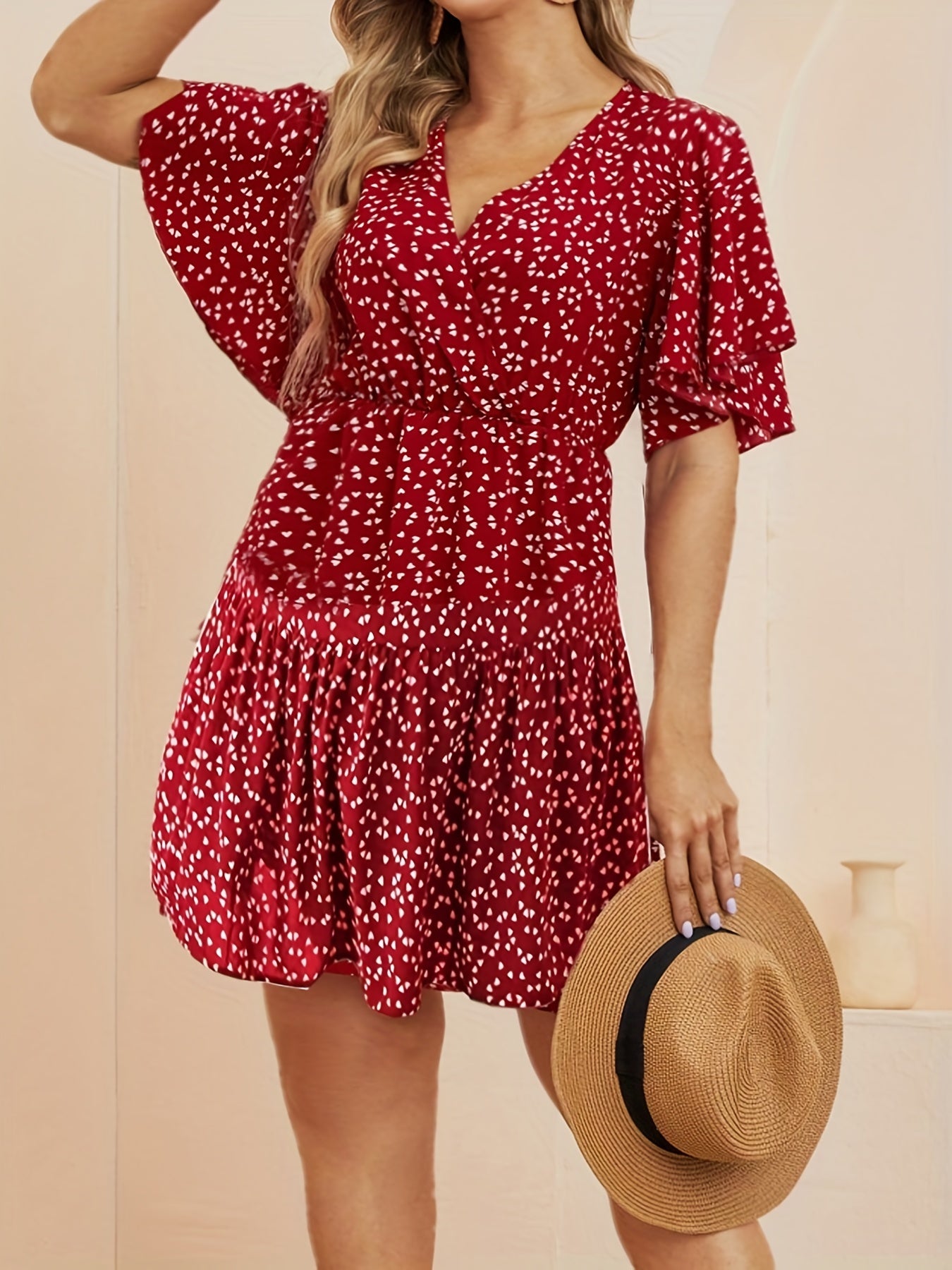  Heart Print Bell Sleeve Smock Dress