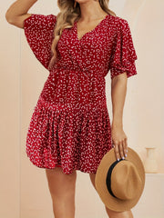  Heart Print Bell Sleeve Smock Dress