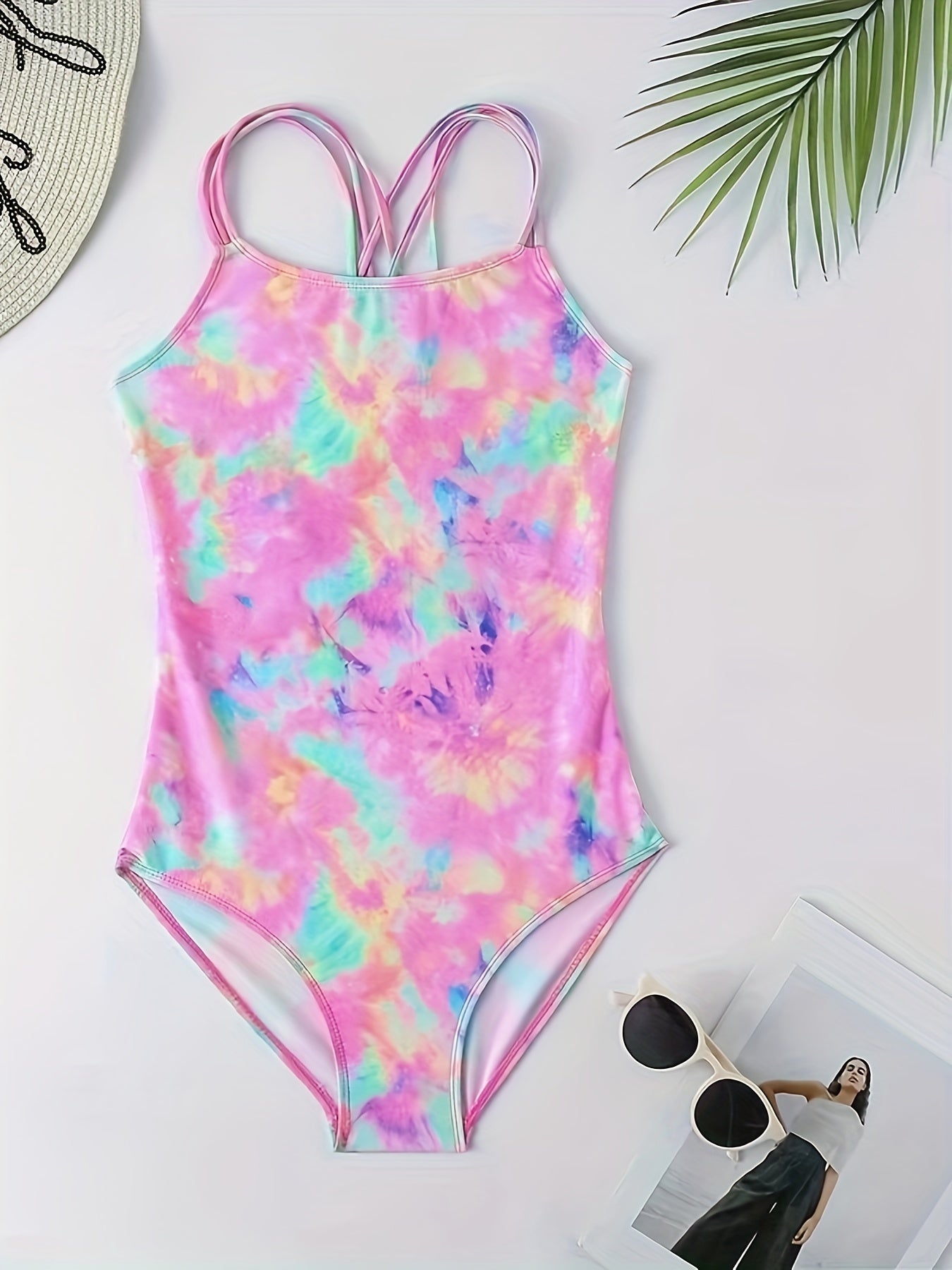 Girls' Tie Dye Hawaiian Swimsuit Iridescent Graphic Mid Stretch Suspenders