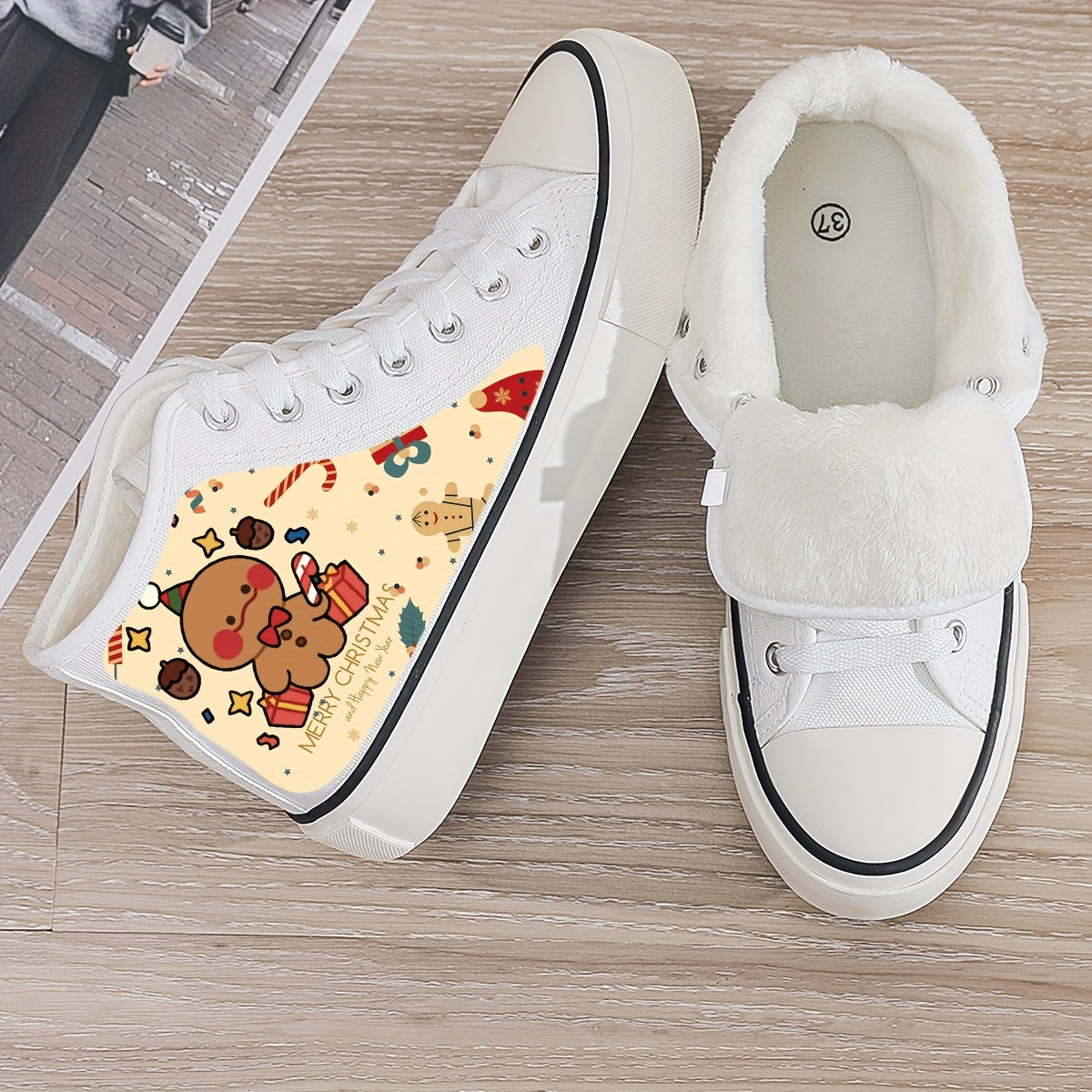 Christmas Cartoon Print Plush Lined Thermal Chunky Canvas Sneakers