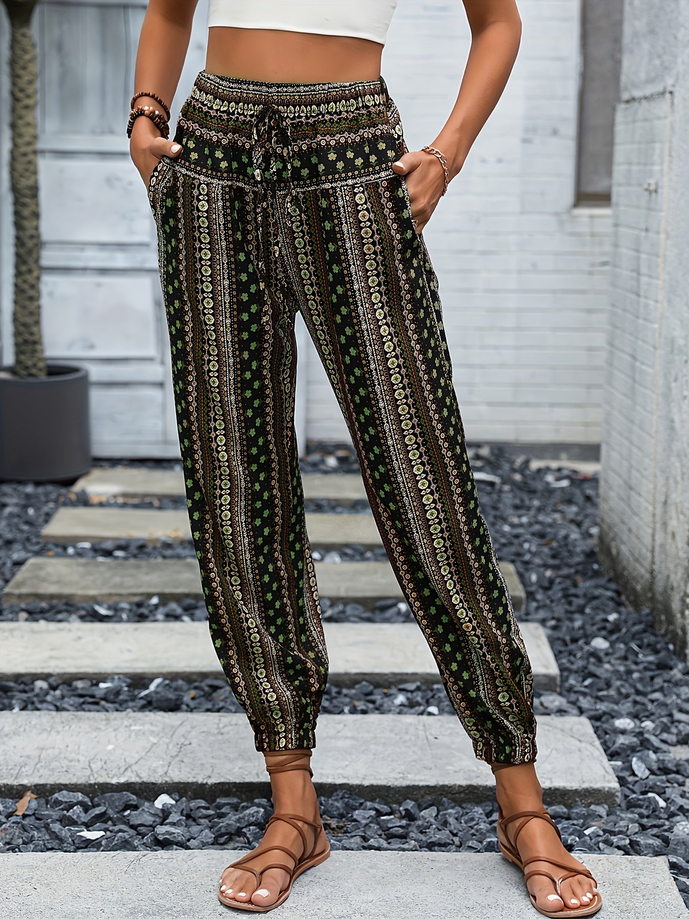 Tribal Print Drawstring Pants Boho Elastic Waist Pants