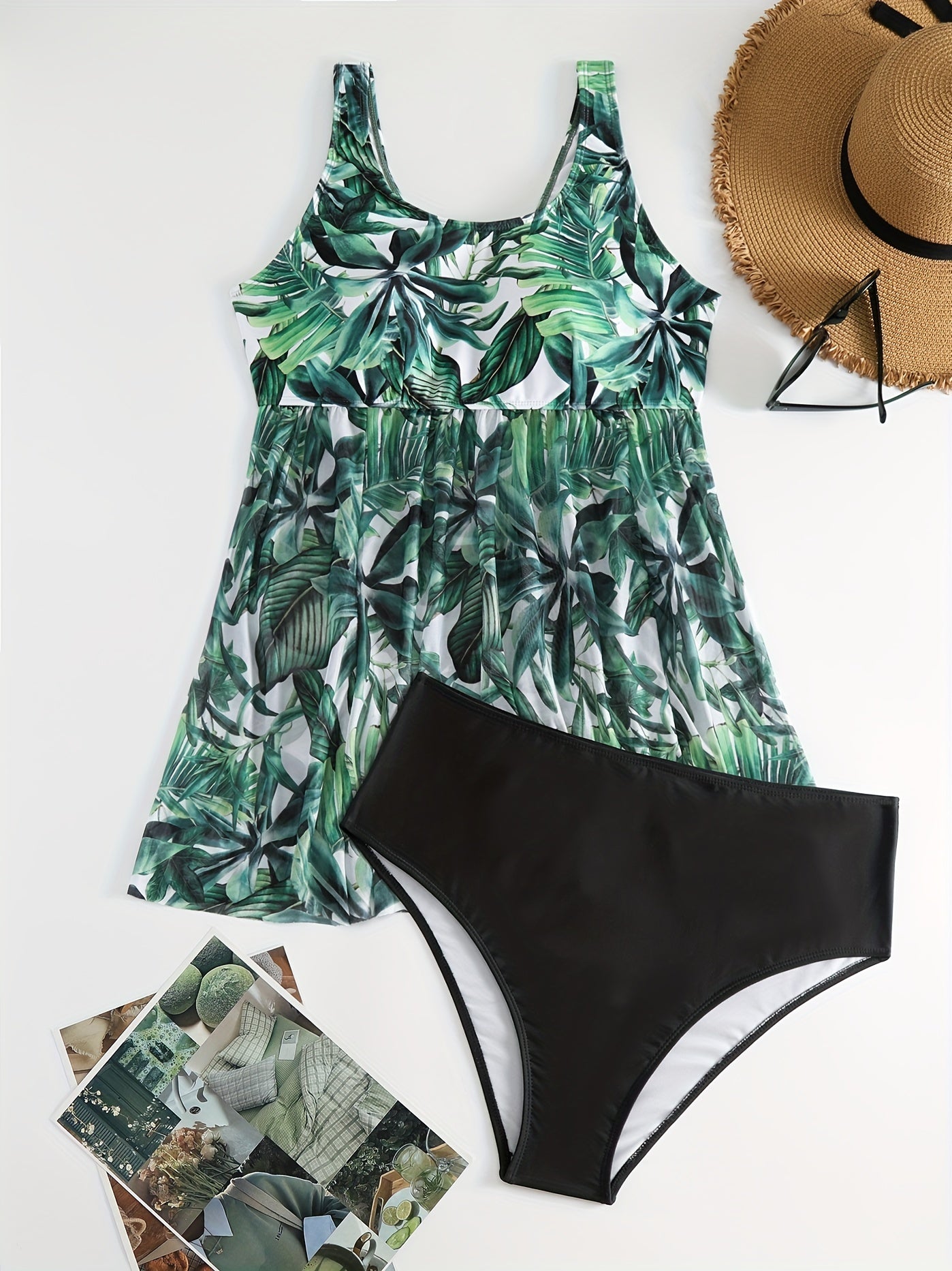  Vacay Tankini Set Women's Plus Tropical Print Round Neck
