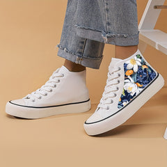 Women's Floral High Top Canvas Sneakers Lightweight Lace Up Board Shoes