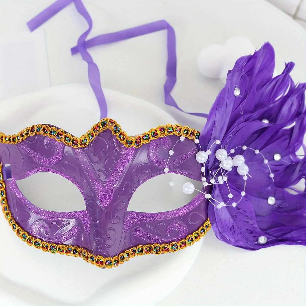 Masquerade Party Mask with Faux Feather & Pearl