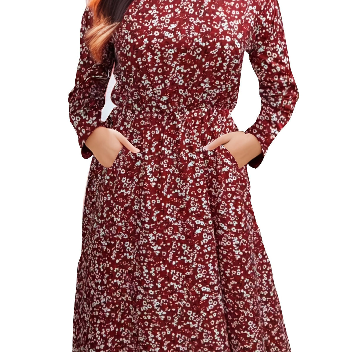 Boho Floral Print Long Sleeve Dress With Pockets