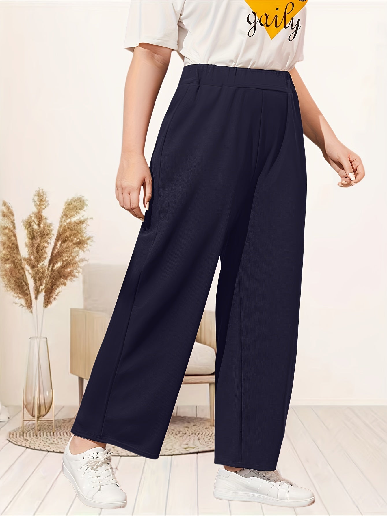  Solid Elastic High Rise Wide Leg Pants