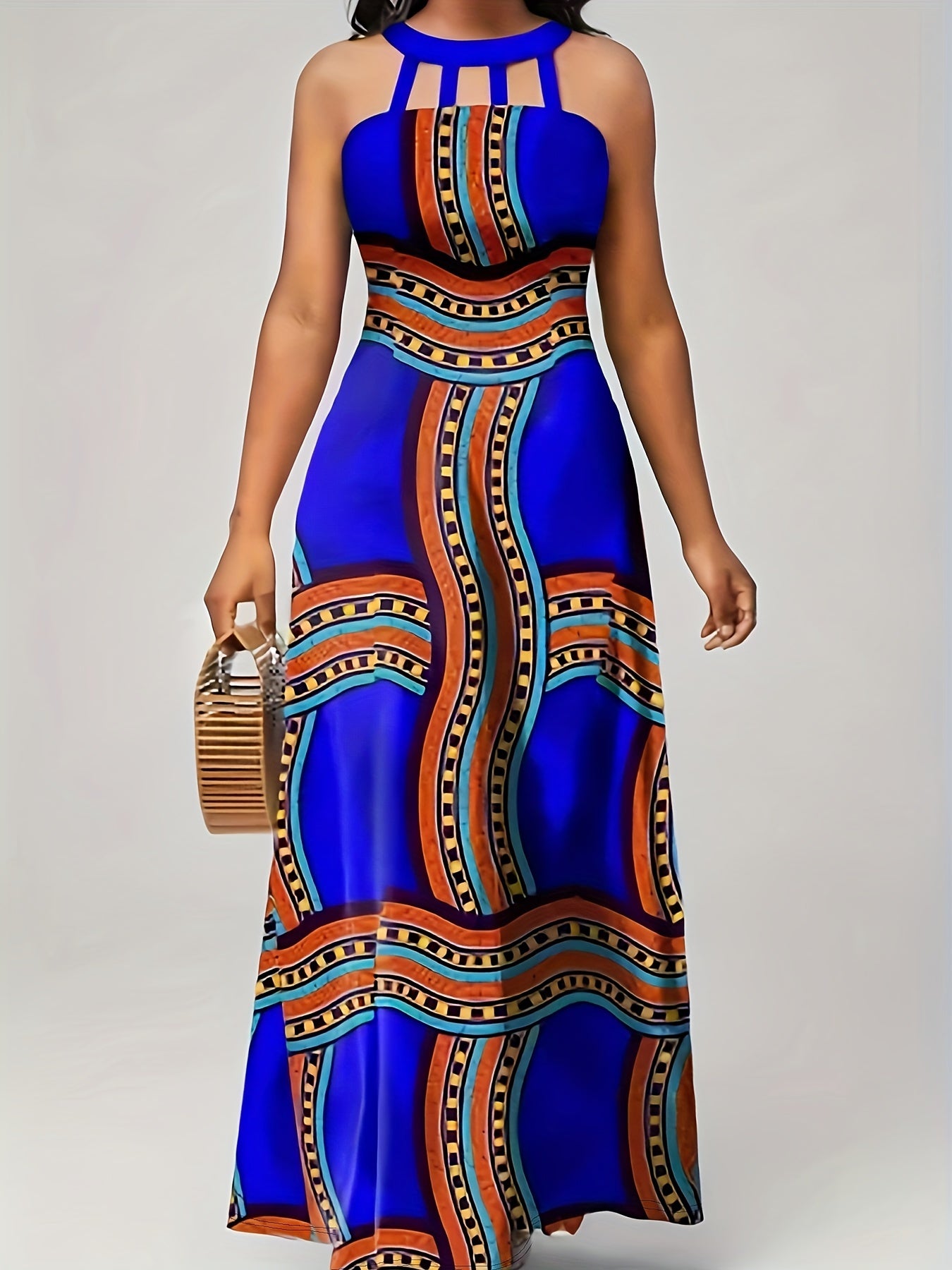  Geometric Print Off Shoulder Nipped Waist Dress