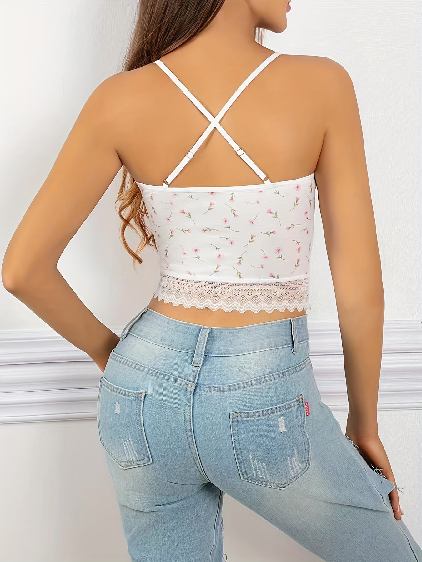 Floral Print Cami Sleep Tops Lace Trim Scoop Neck