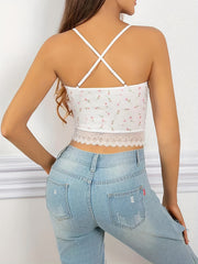 Floral Print Cami Sleep Tops Lace Trim Scoop Neck