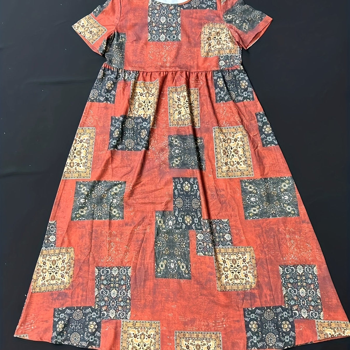 Ethnic Patchwork Print Dress Boho Crew Neck Short Sleeve Maxi Dress