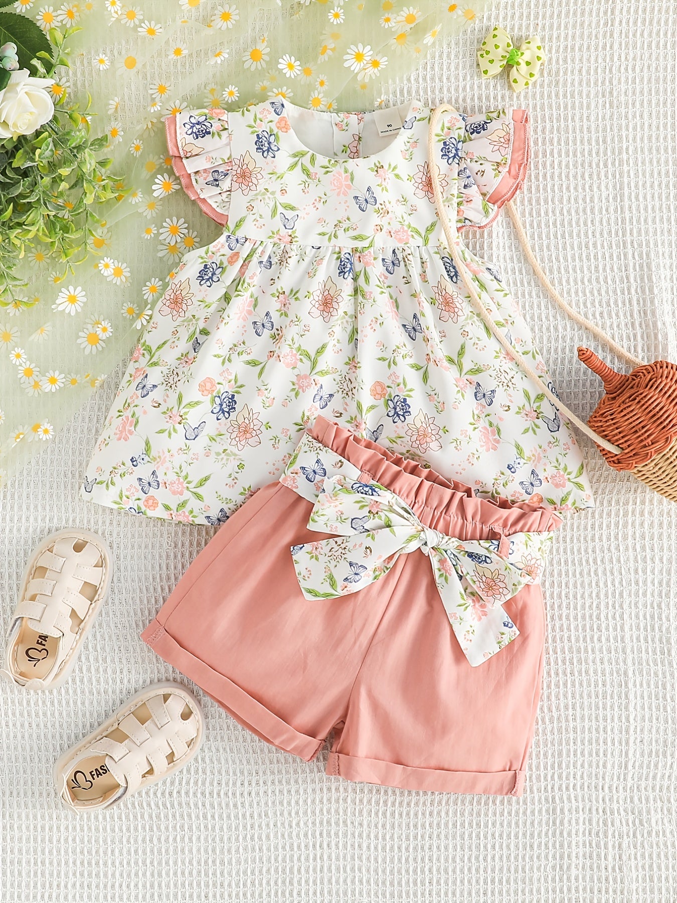 Girls Ruffled Sleeves Floral Blouse Top & Shorts Set