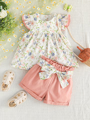 Girls Ruffled Sleeves Floral Blouse Top & Shorts Set