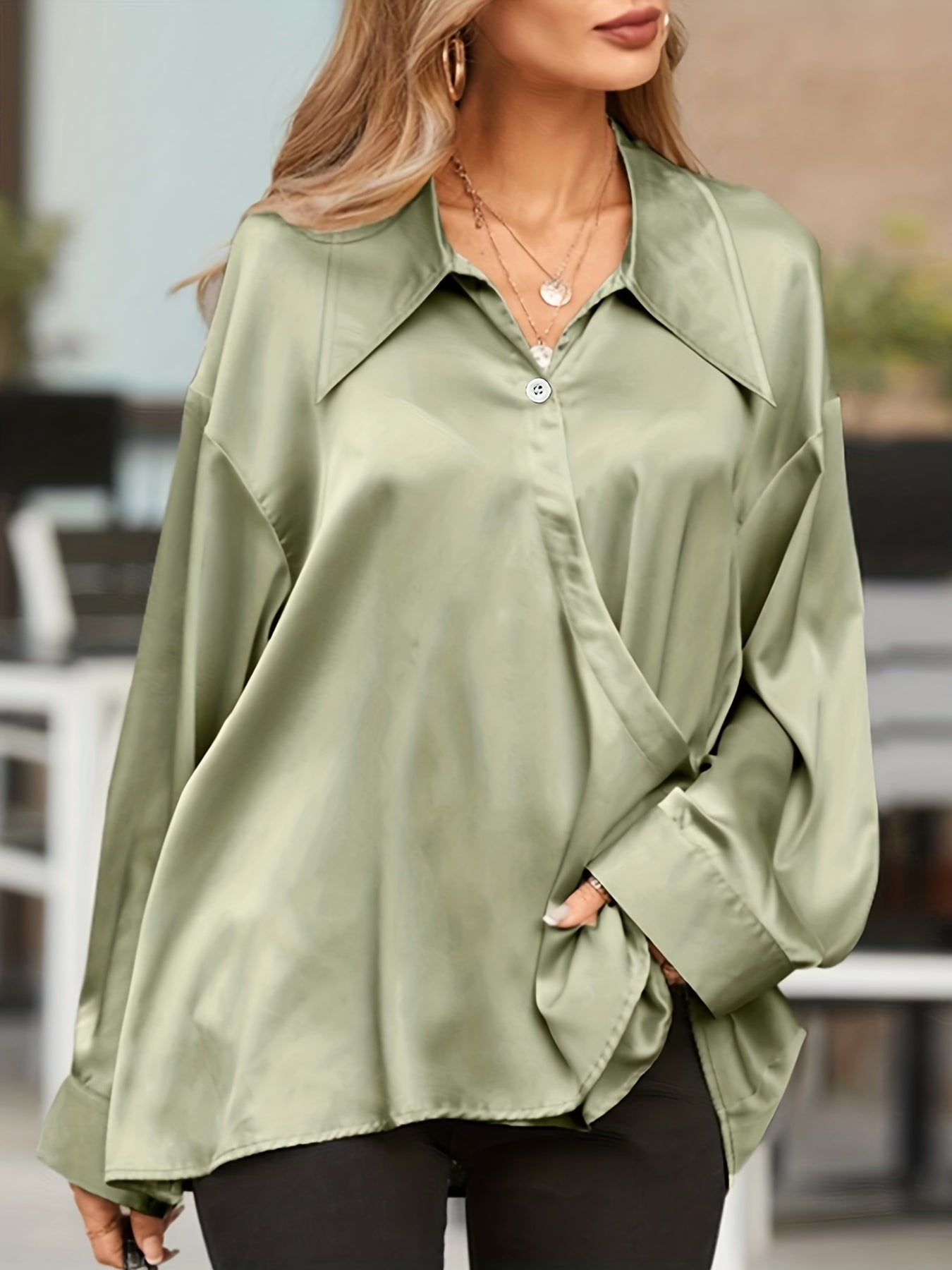  Women's Satin Long Sleeve Button Up Blouse