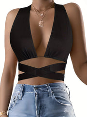 Deep V Neck Tank Top Vacation Tie Back Sleeveless Top