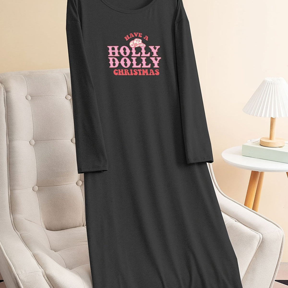 Christmas Lounge Dress Women's Cowboy Hat & Letter Print Tee Dress