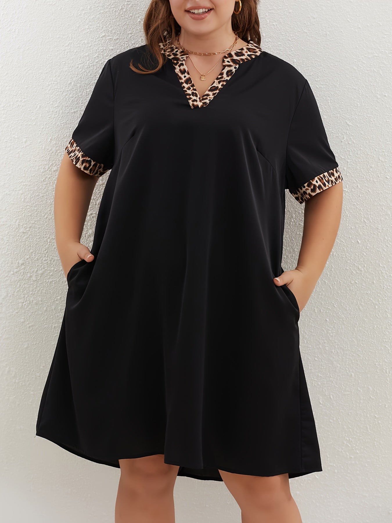  Colorblock Leopard Print V Neck Dress With Pockets