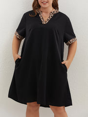  Colorblock Leopard Print V Neck Dress With Pockets